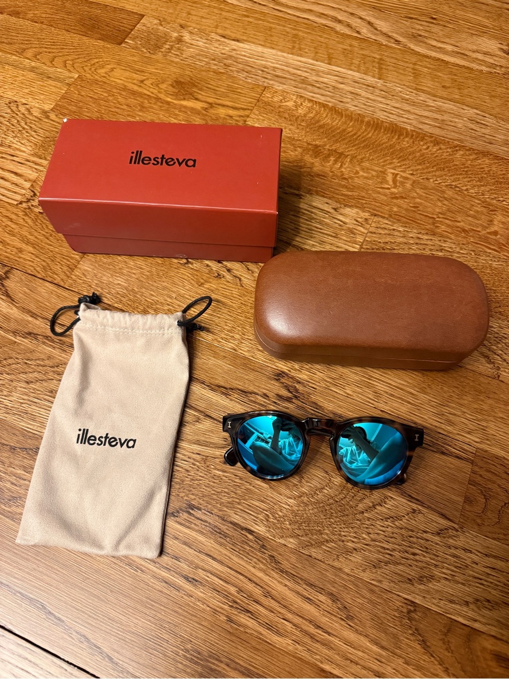 Illesteva Tortoiseshell Frame Sunglasses with Blue Mirrored Lenses